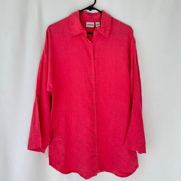 Chico's Womens Linen Tunic Shirt M Oversized Beachy Coastal Roll Tab Sleeve Pink - Picture 1 of 9
